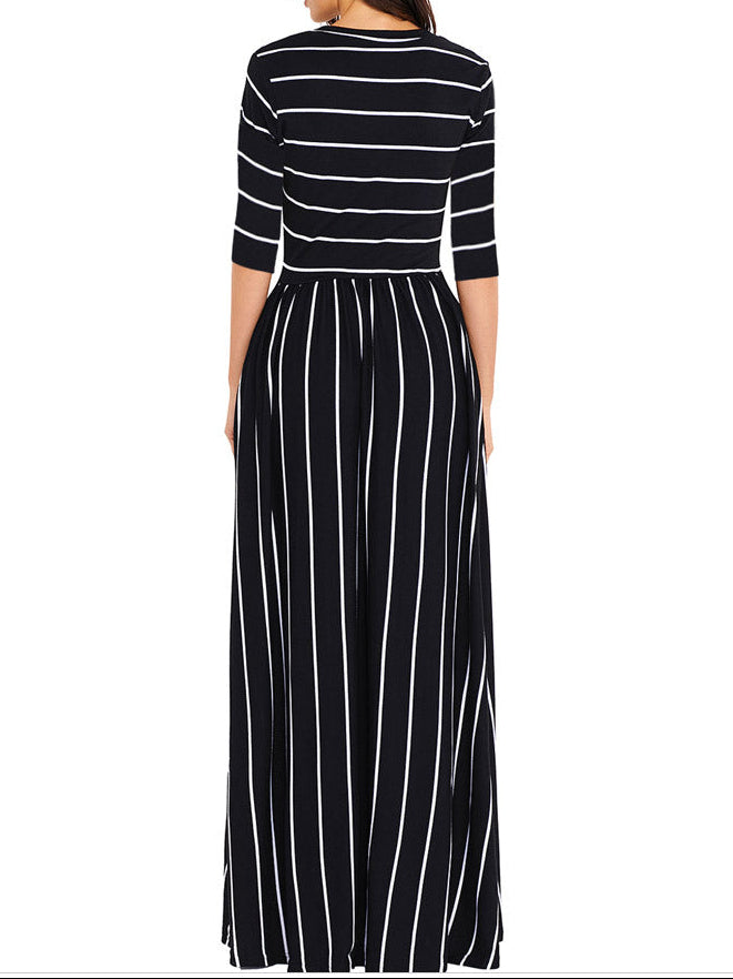 Back view of striped high waist dress showing three-quarter sleeve length and fit