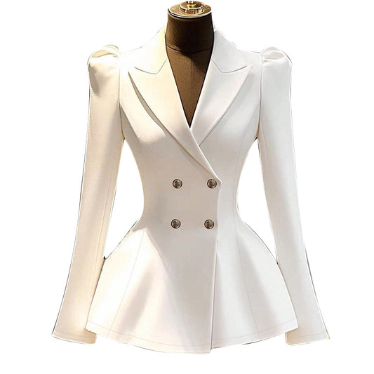 Close-up detail of blazer collar and front button closure