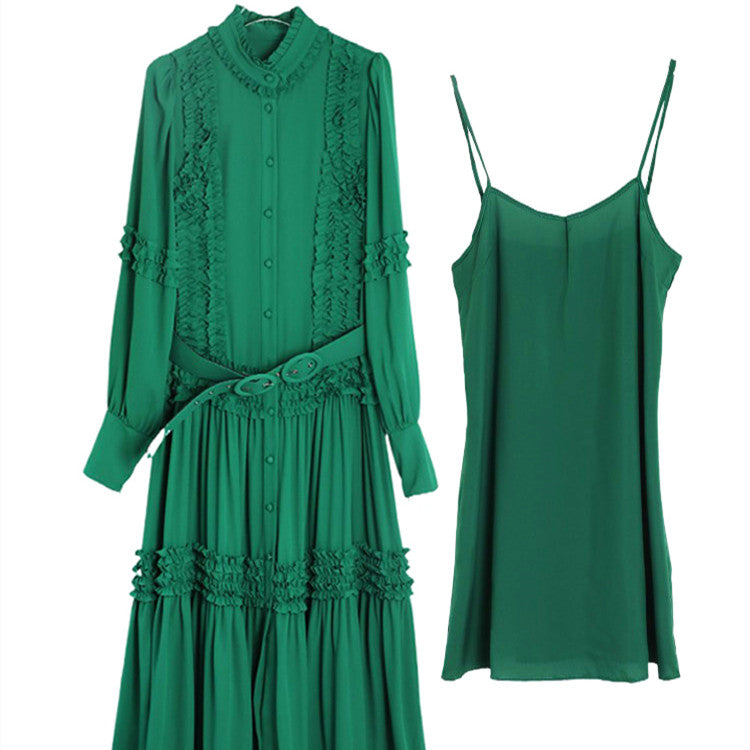 Front detail of green long sleeve dress neckline and bodice area