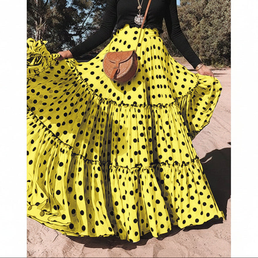 Flat lay showing waistband and polka dot print across skirt
