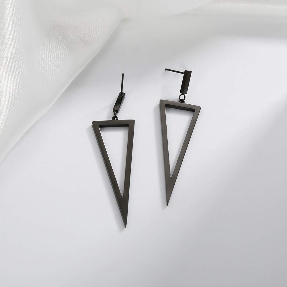 Side profile view of black triangle earring showing dimensional depth and angles