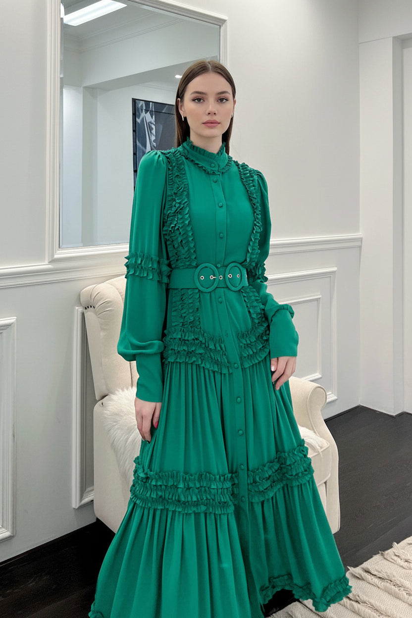 Side profile of green dress highlighting the flattering A-line cut