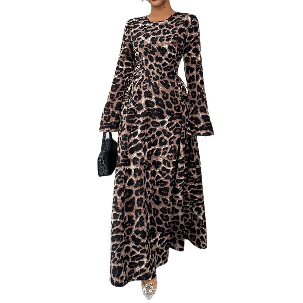 Close-up detail of leopard print pattern and high neckline on modest dress