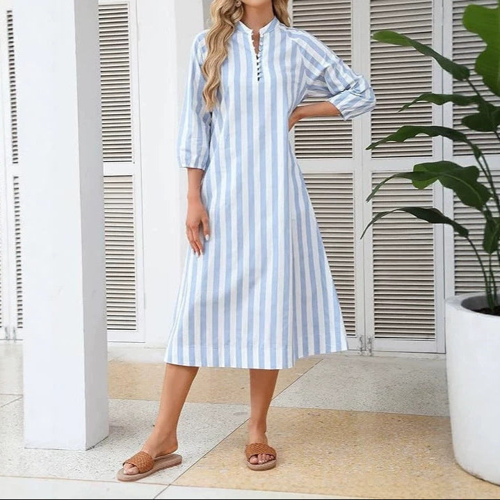 Back view of striped dress showing full length and hem