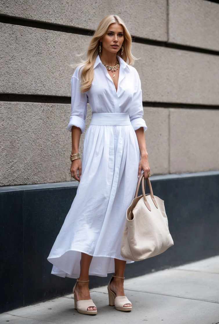 Model wearing dress, demonstrating modest length and overall fit