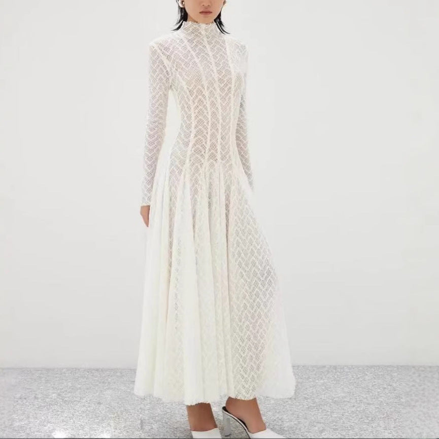 Full-length front view of white lace dress worn for modest wedding or special event