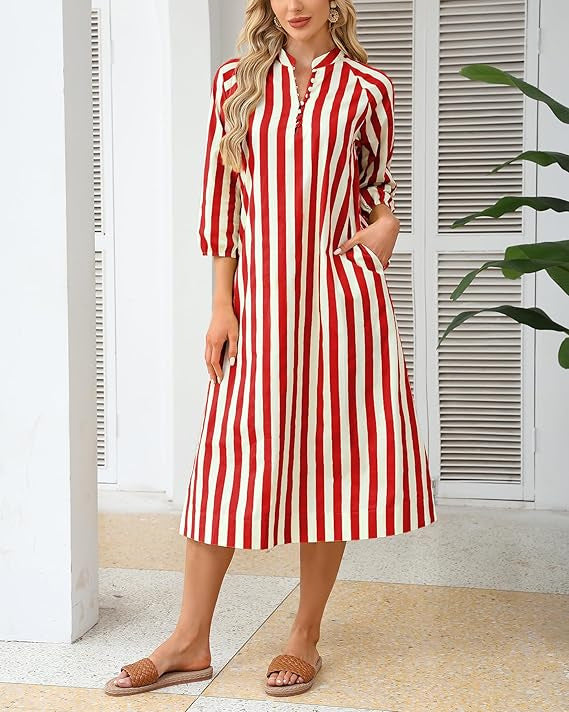 Full-length front view of striped dress on model