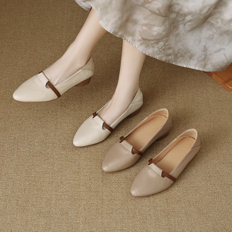 Beige suede low-heeled shoe with rounded toe, elegant French style design