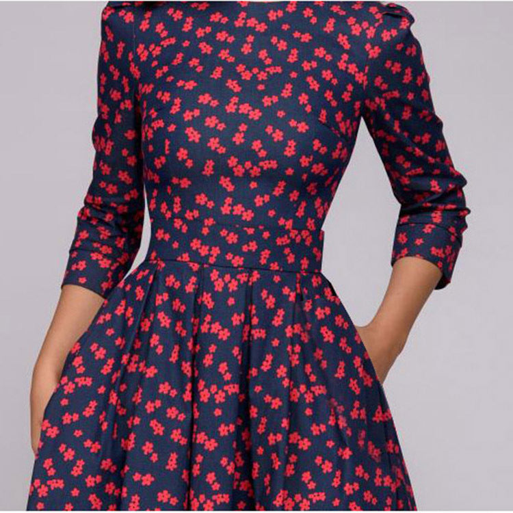 Side profile of dress silhouette with three-quarter sleeve length