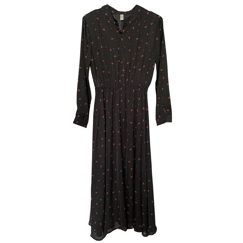 Front full-length view of modest chiffon dress styled for formal wear