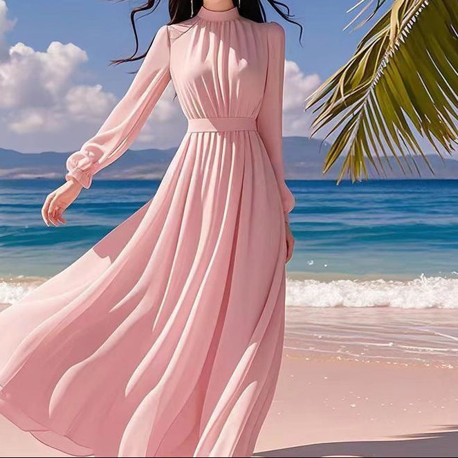 Full-length side angle displaying dress drape and waist definition