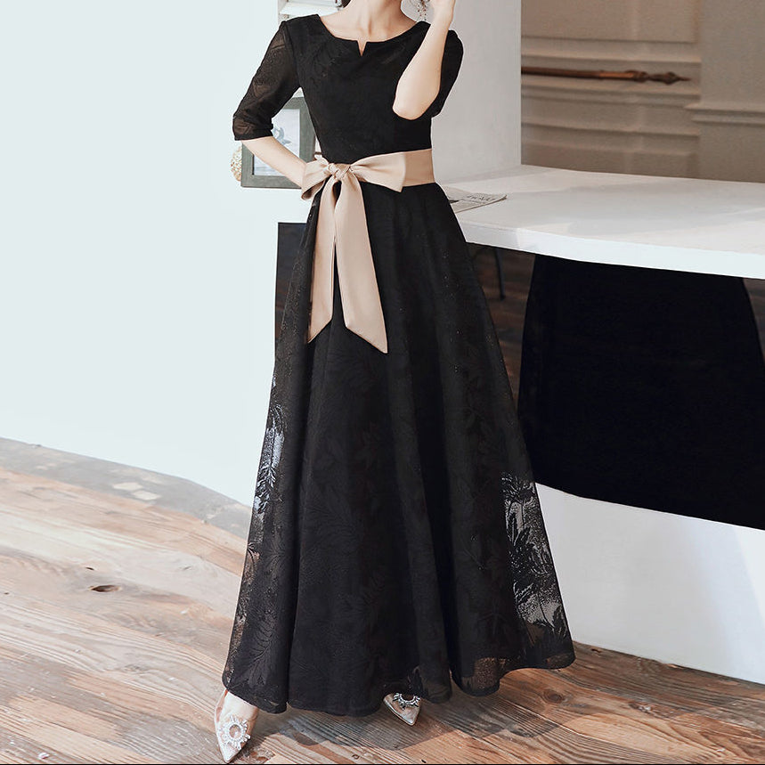 Full-length front view of long modest evening gown with lace overlay