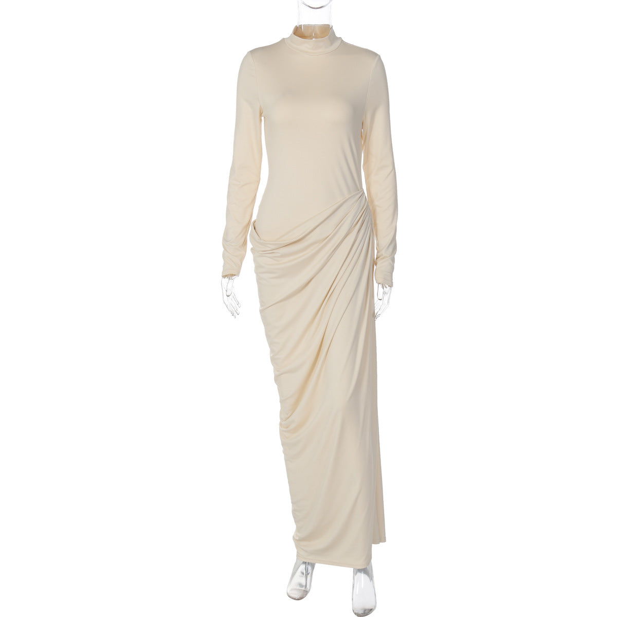 Three-quarter view showing dress fit through torso and arms