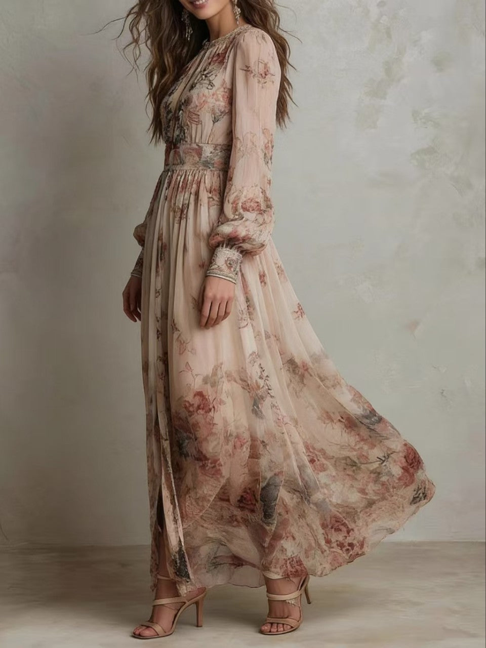 Back view of long-sleeve crew-neck dress showing pleated waist design