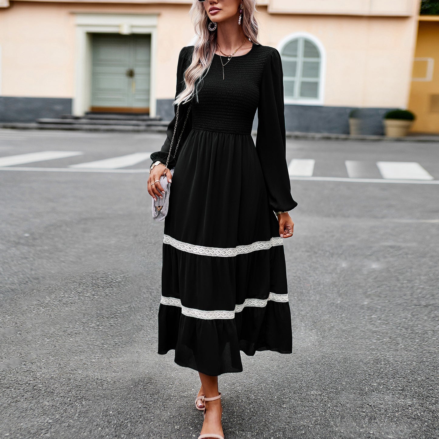 Back view of A-line maxi dress showing modest coverage and hem