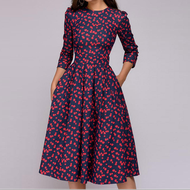 Front view of dress neckline and floral print detail