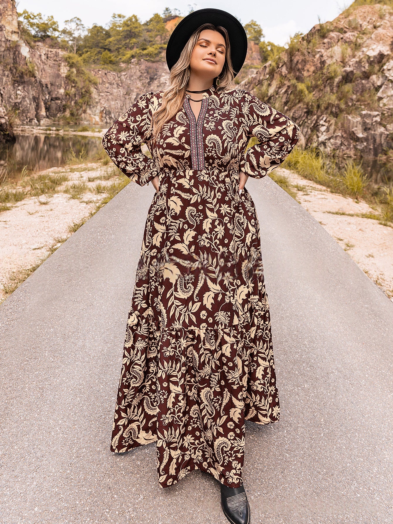 Front view highlighting the printed pattern and structured waistband detail