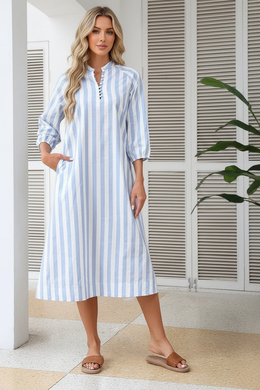 Navy and white striped V-neck dress with short sleeves, casual elegant style