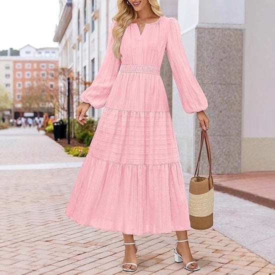 Close-up of layered puffed sleeve detail on modest evening dress