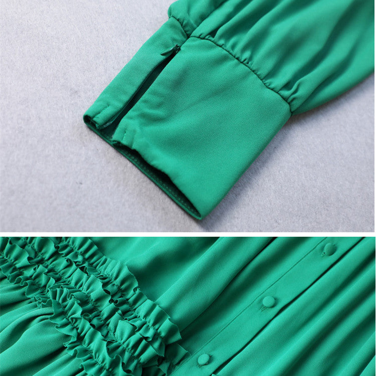 Back view of green long sleeve dress showing full length and fit