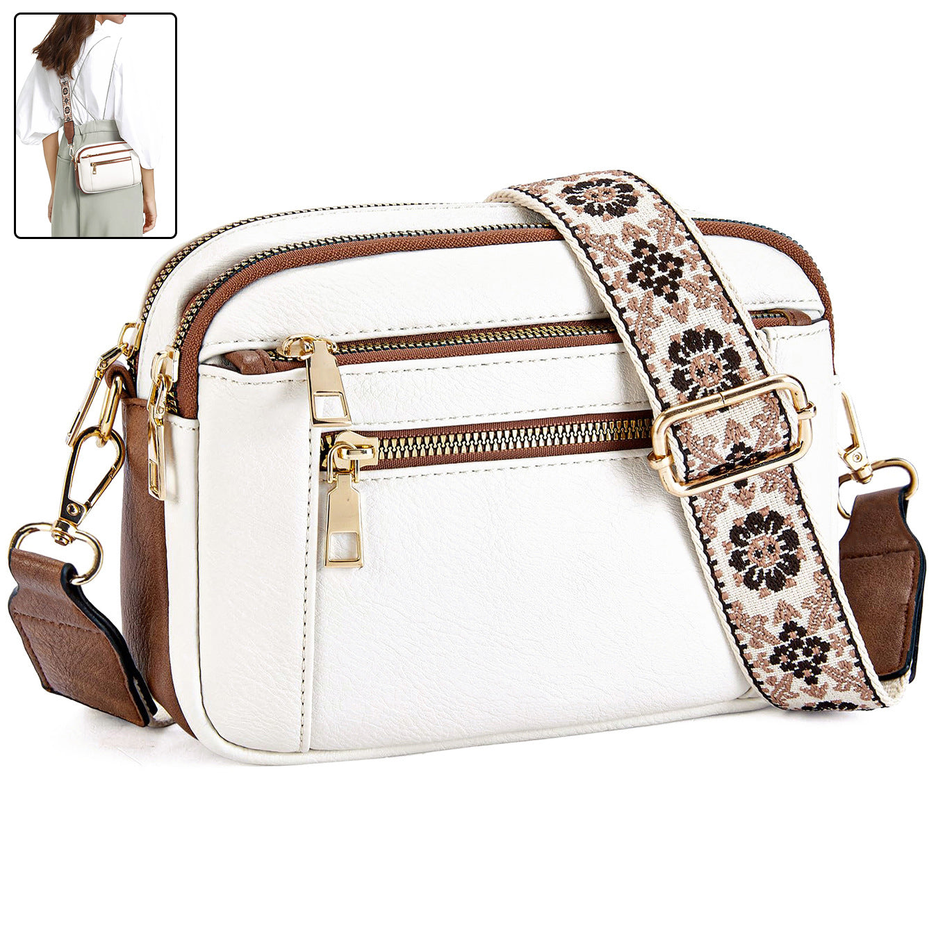 Cream floral crossbody bag with adjustable strap, perfect for casual everyday wear