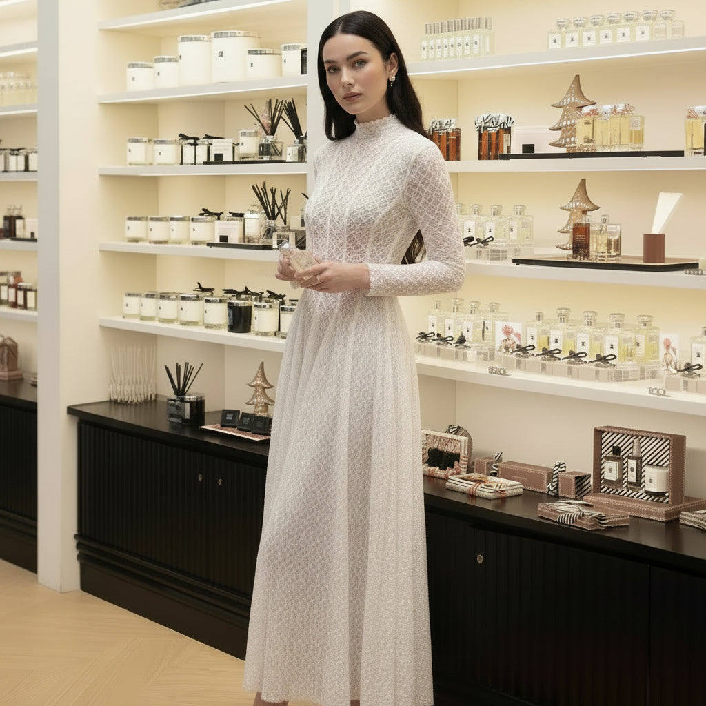 White lace dress with long sleeves and A-line silhouette, suitable for formal occasions
