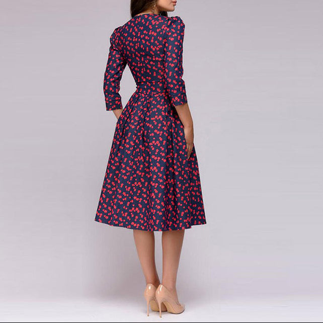 Back view of modest dress showing full length and sleeve fit