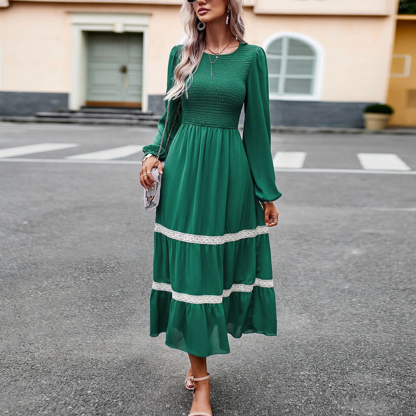 Front neckline detail and upper bodice of modest maxi dress
