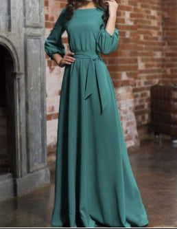 Back view of burgundy maxi dress showing A-line silhouette and sleeve design