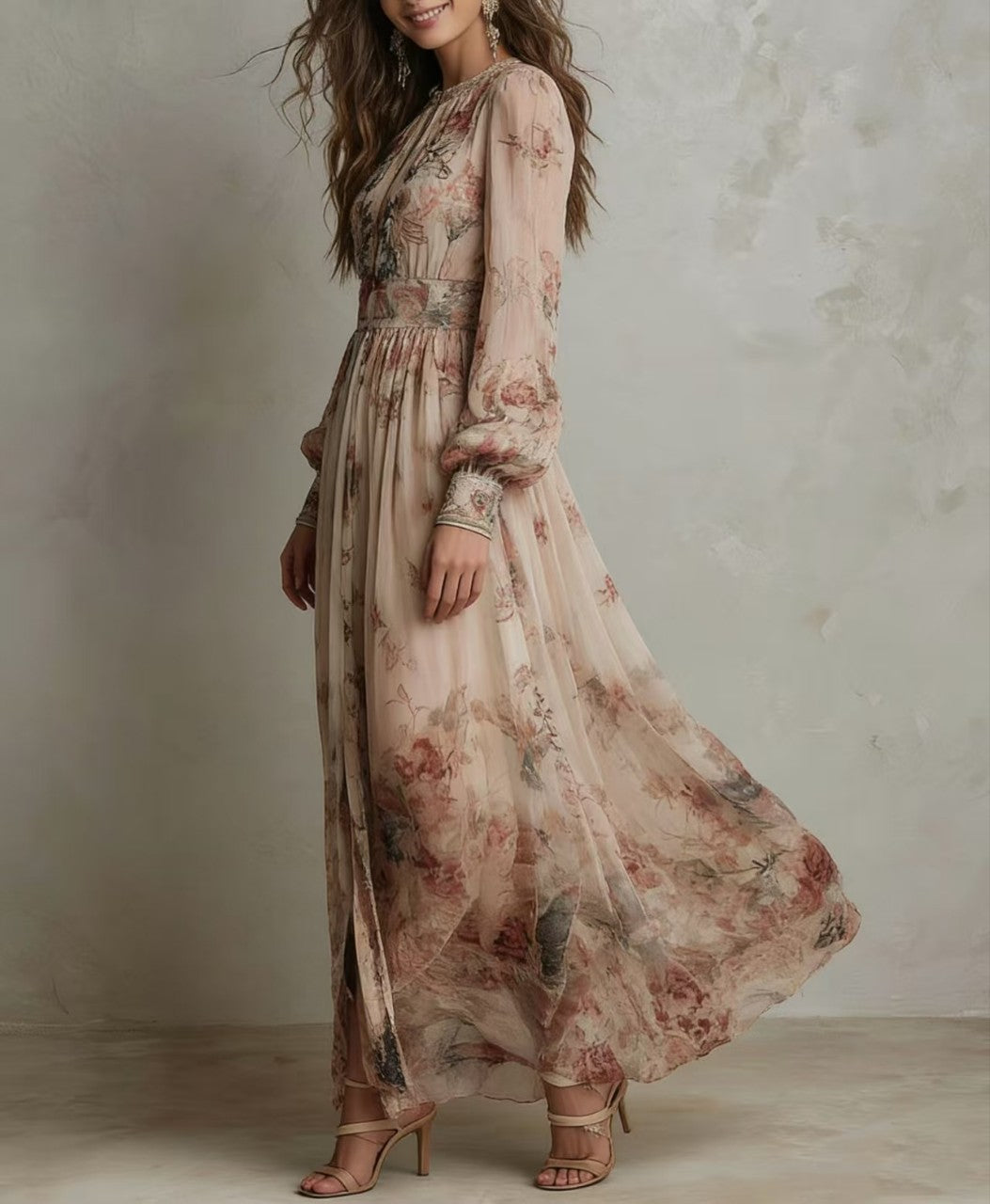 Front neckline view of crew-neck long-sleeve floral printed dress