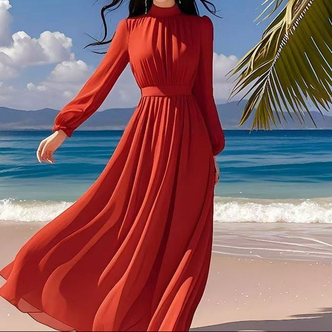 Side profile showing curved silhouette and flowing maxi hemline