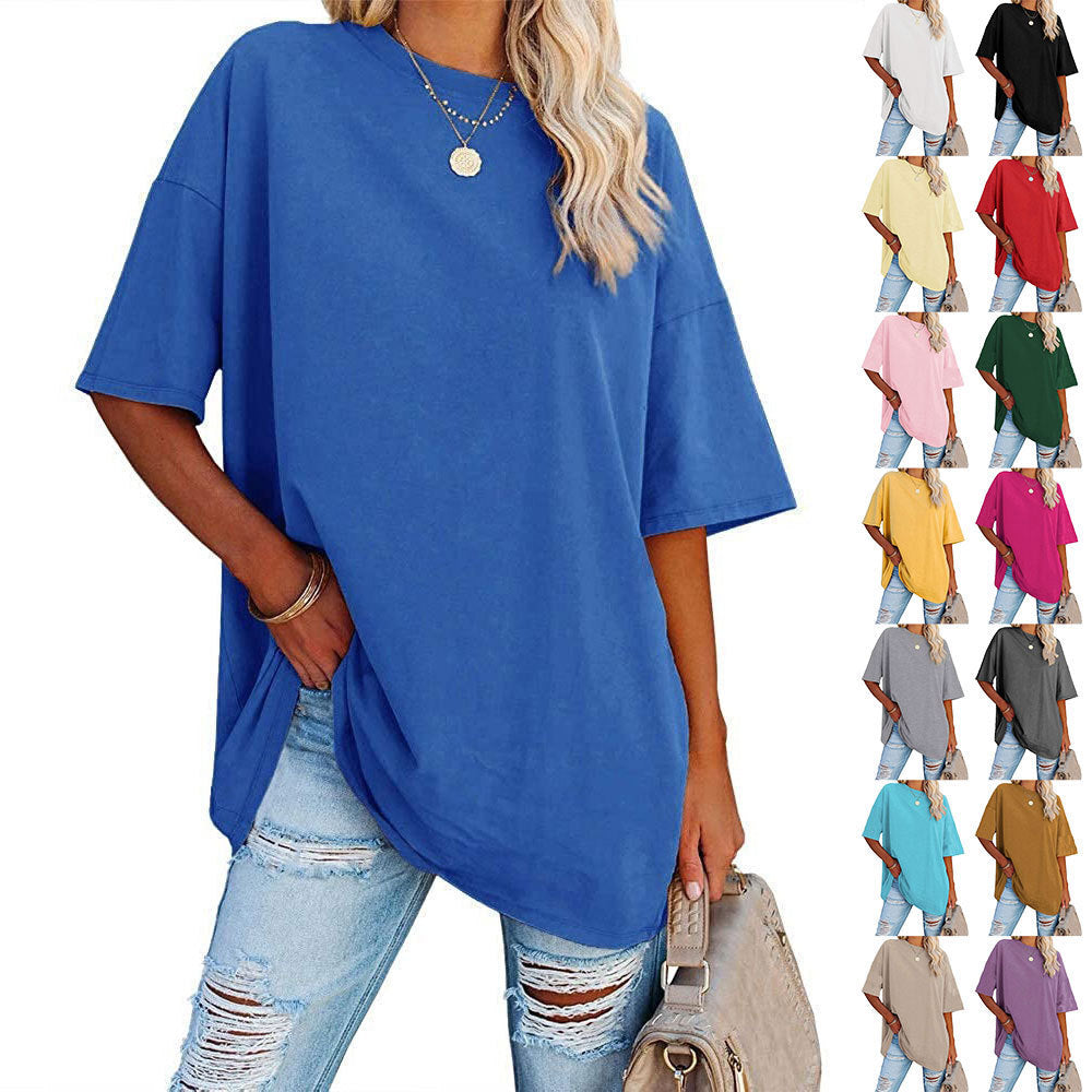 Loose drop shoulder short sleeve top with round neckline in neutral tone