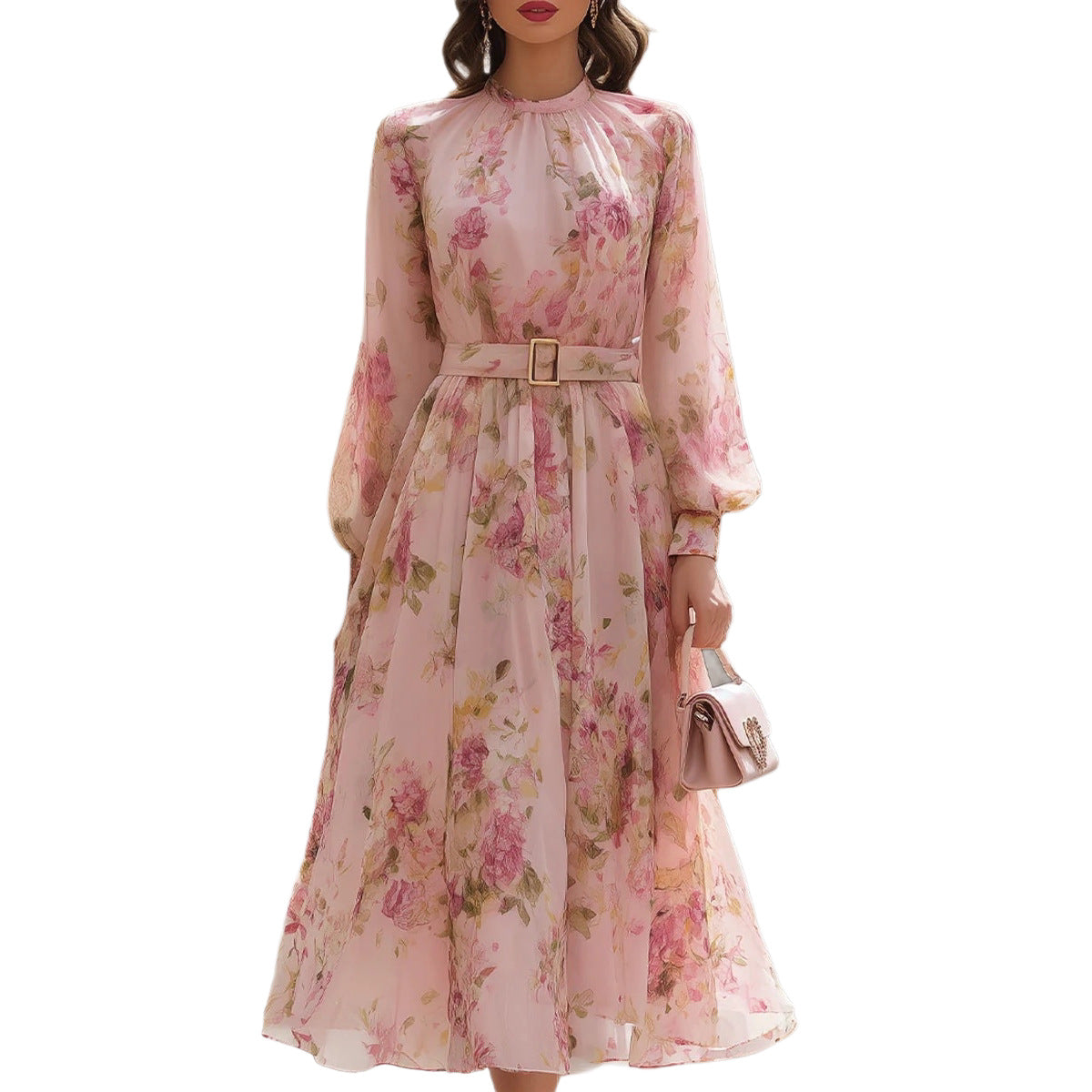 Front detail of dress neckline and long sleeve construction