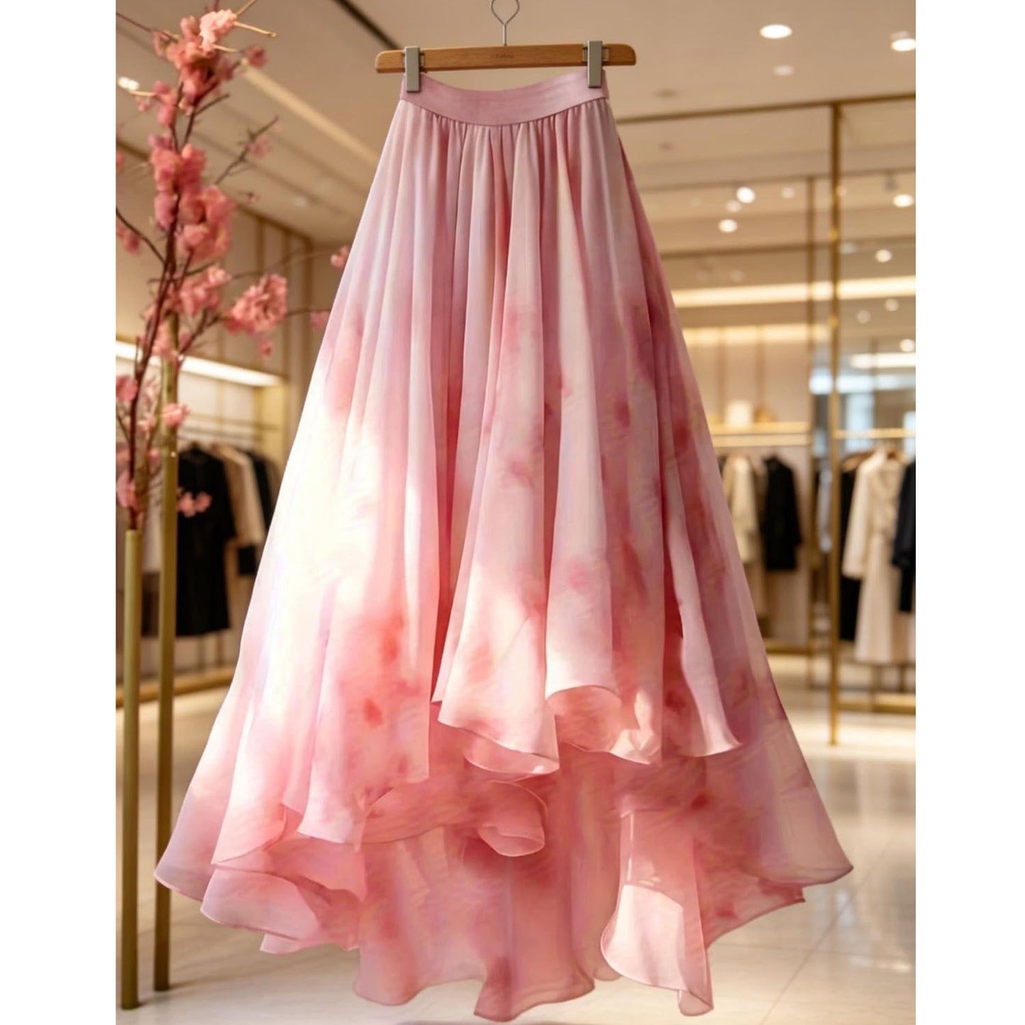 Full-length wear view of modest mesh printed maxi skirt styling