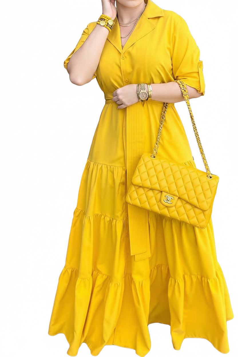 Back view of multicolor patchwork dress showing full length and hemline