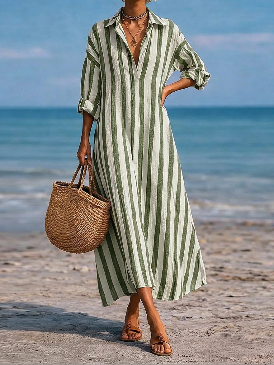 Three-quarter view of dress on model