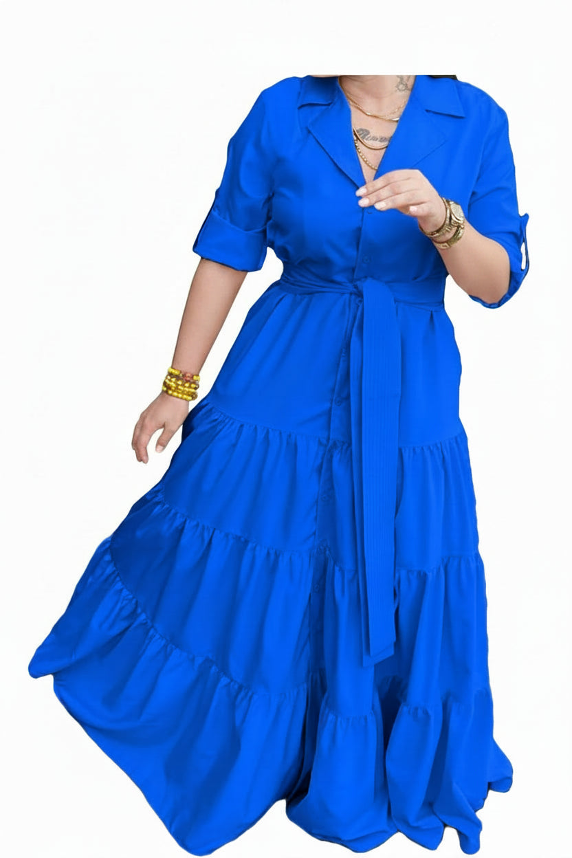 Full-length front view of multicolor patchwork dress on model, casual spring wear