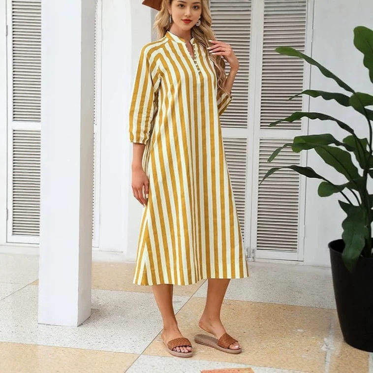 Front view of dress worn, showing fit through bodice and waist