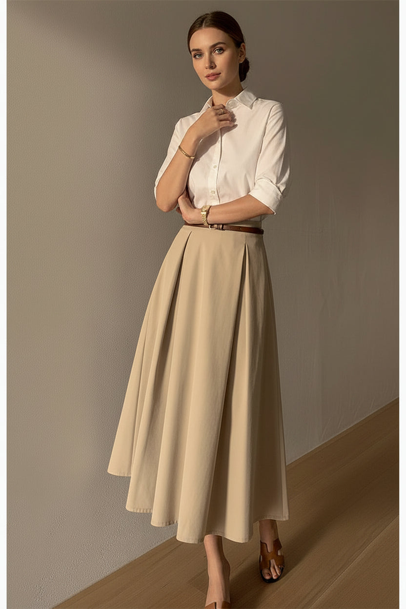 Black high-waist casual skirt with A-line silhouette, knee-length, everyday wear