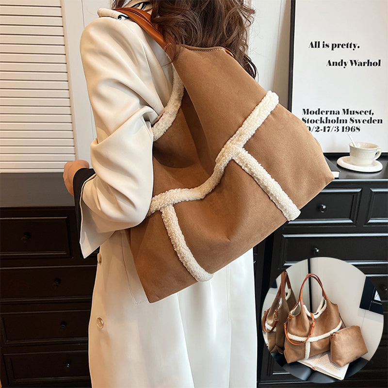 Burgundy plush suede tote bag with structured silhouette, everyday wear