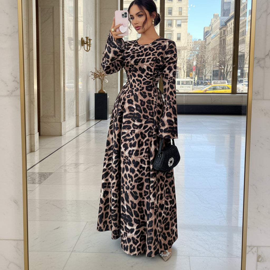 Brown leopard print dress with long sleeves and modest A-line silhouette for casual wear