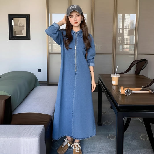 Blue slim denim dress with long sleeves, knee-length, casual occasion