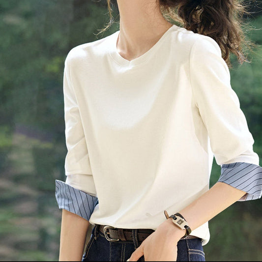 Autumn round neck striped long sleeve top with contrast color patchwork panels