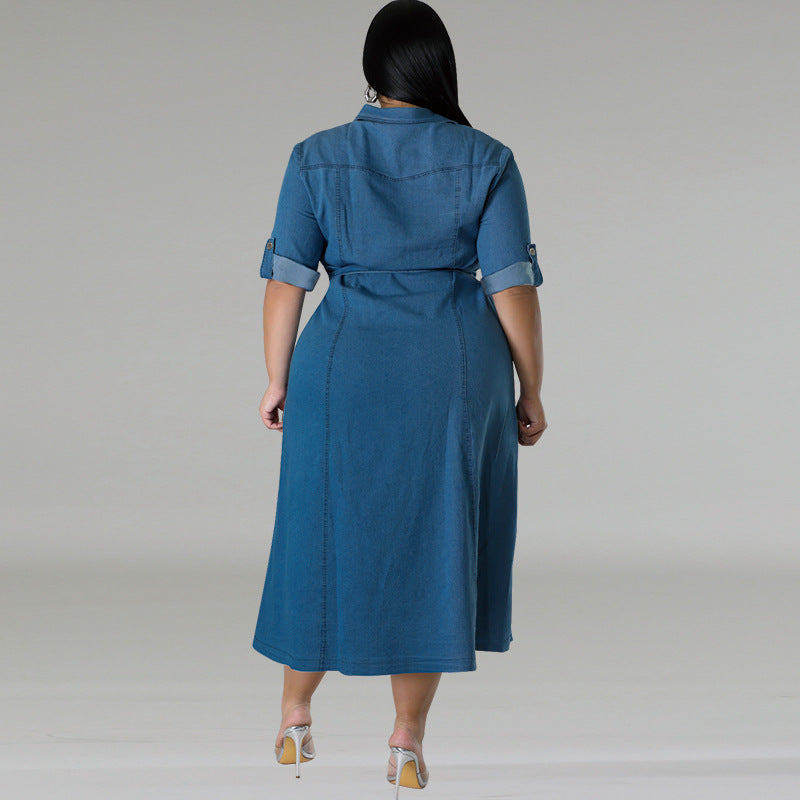 Back view of blue denim midi dress showing tied back design