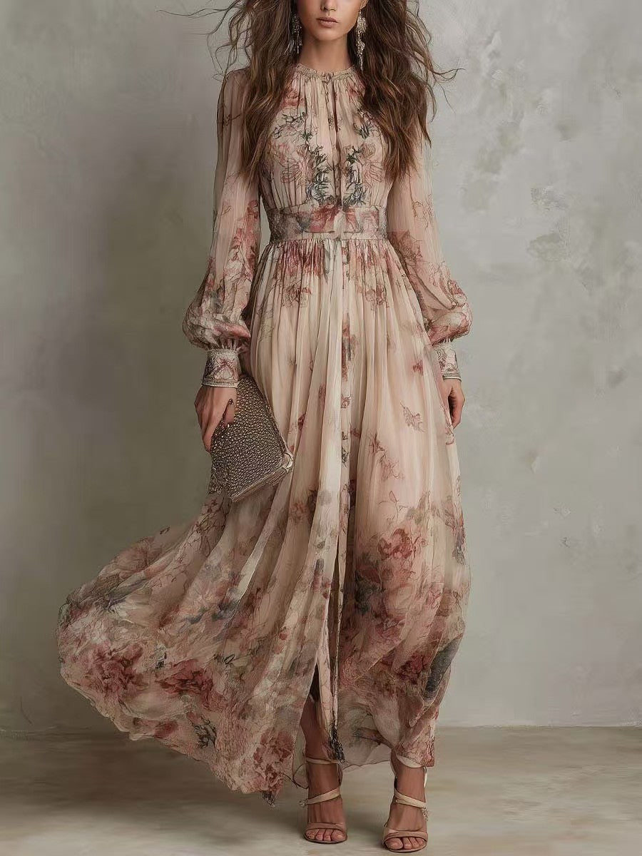 Full-length view of modest retro floral dress in cream chiffon