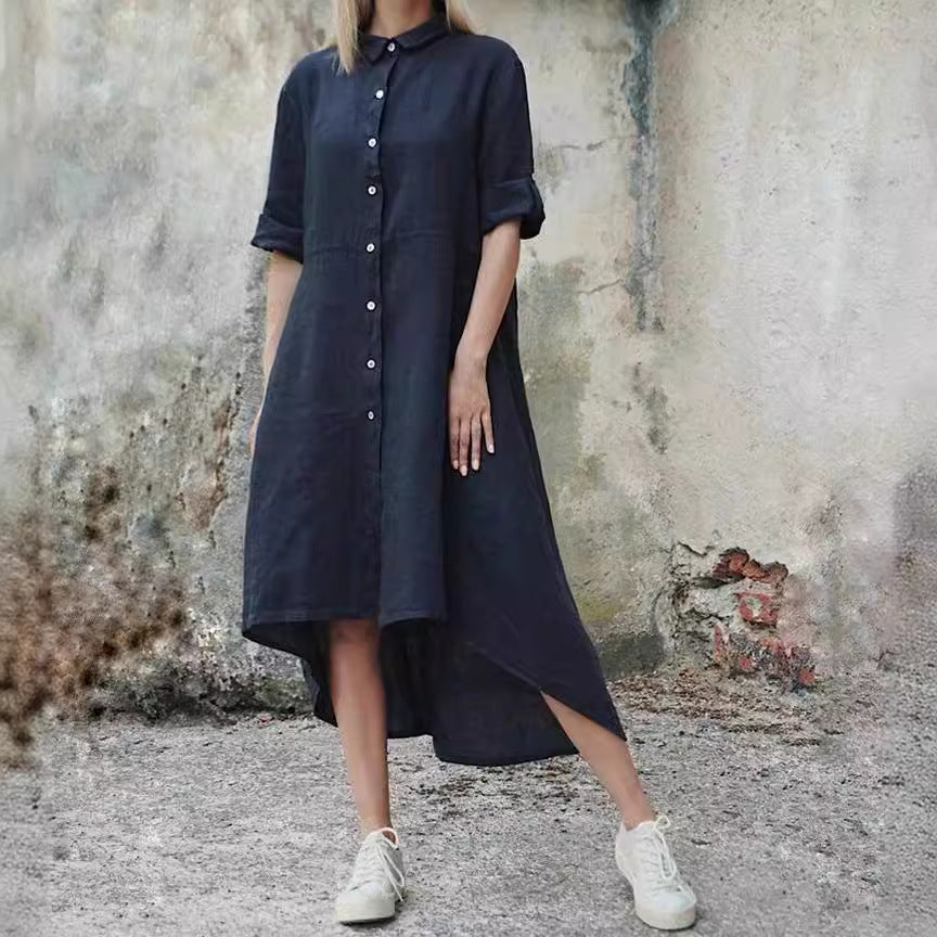 Front view of solid color long dress with buttoned shirt collar