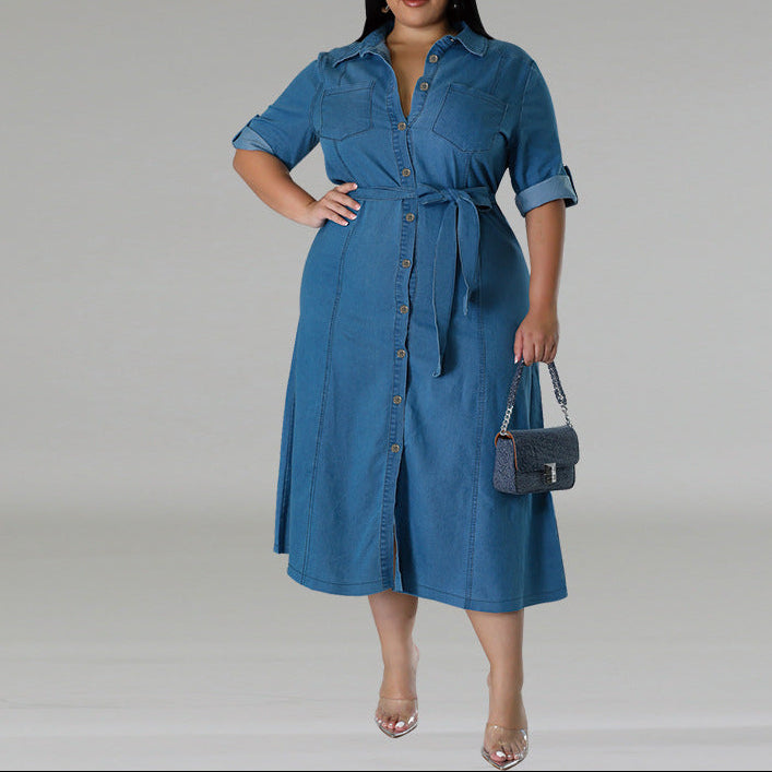 Blue denim midi dress with tied waist and short sleeves, plus size