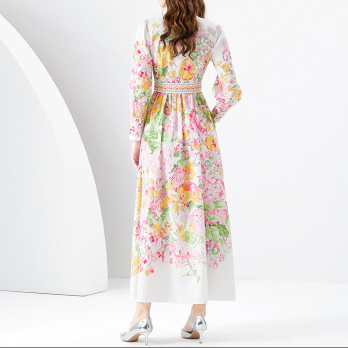 Side profile of dress displaying drape and modest knee-length cut