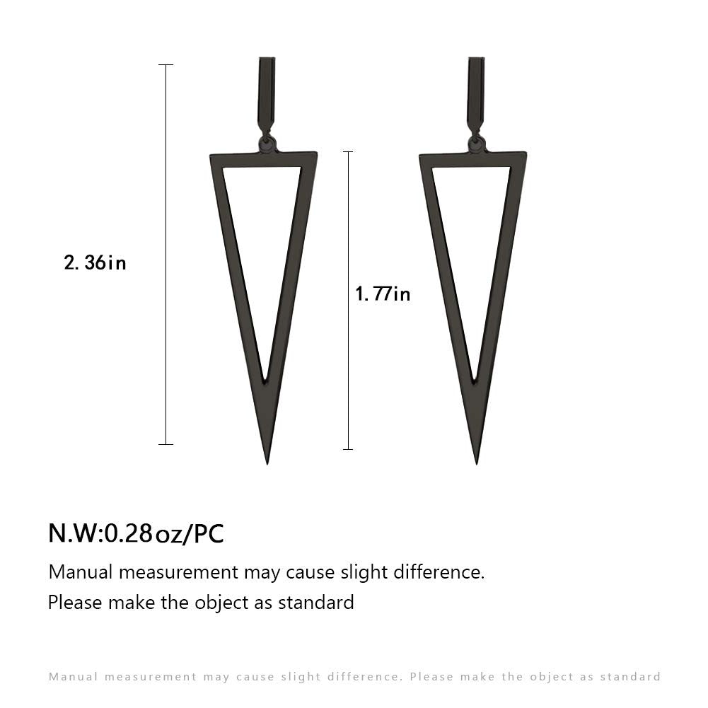 Close-up detail of shiny black metal triangle earring construction and finish