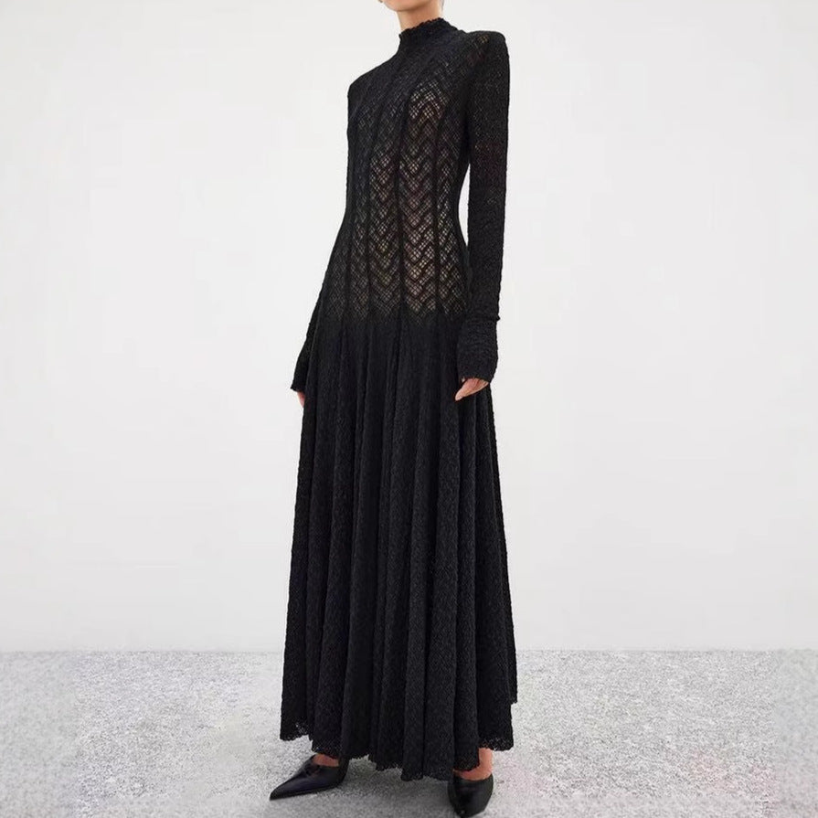 Side profile of white lace dress highlighting the modest fit and sleeve design